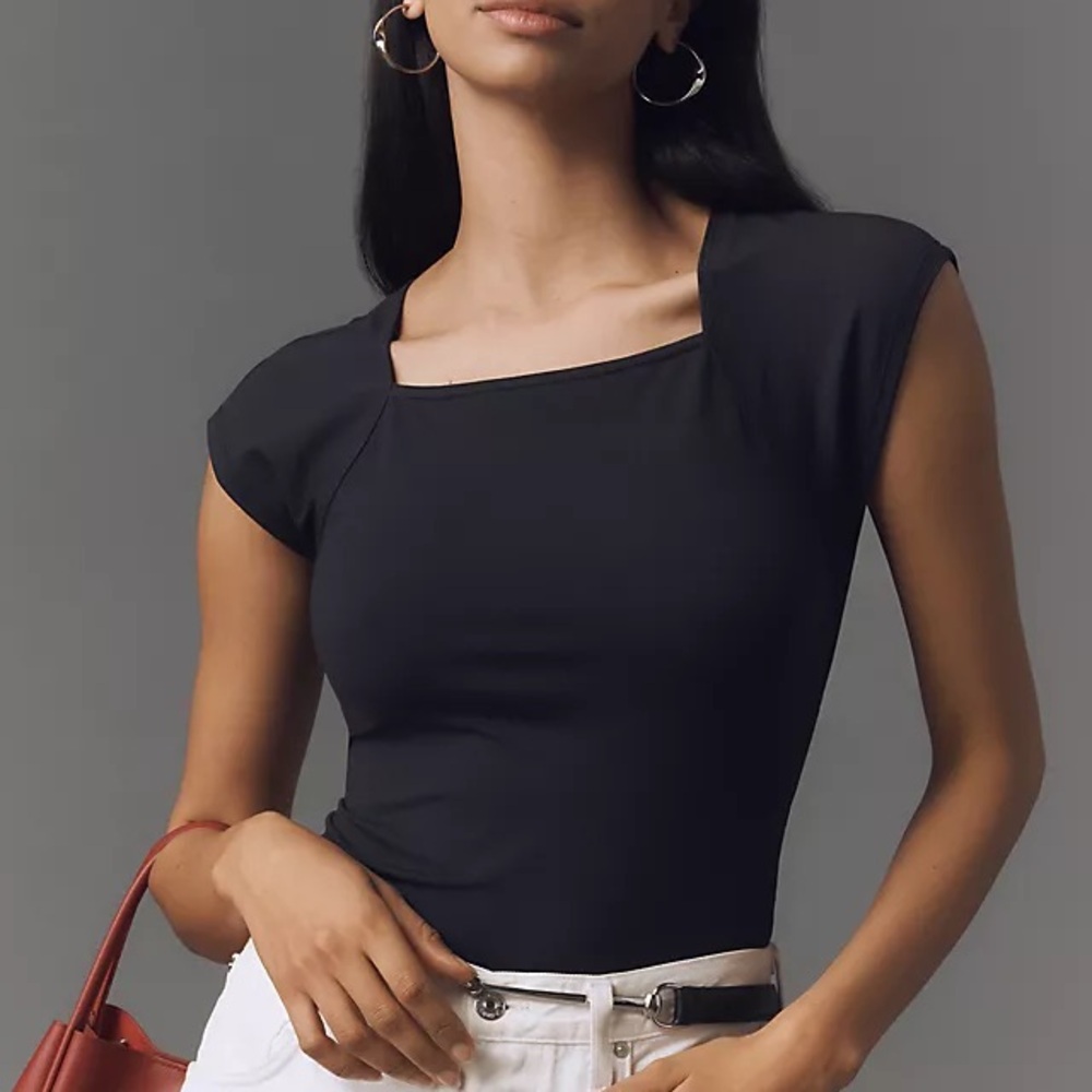 Free People Black Square-Neck Cap Sleeve Tee